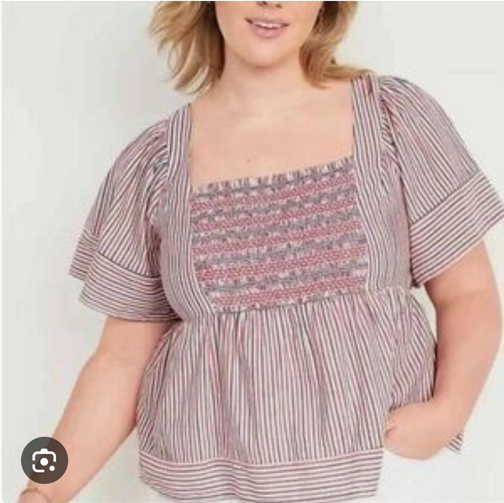 Linen Patriotic Flutter Sleeve Striped Smocked Babydoll Blouse